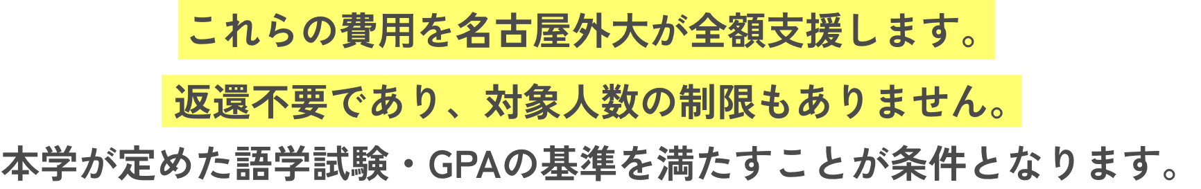 この金額を大学が負担します。 返還不要であり、対象人数の制限もありません。 本学が定めた語学試験・GPAの基準を満たすことが条件となります。※居住費は留学先大学の標準的な宿舎費を、教科書代は国別の標準金額を支給します。※為替相場の変動により差益、または差損が生じることがあります。上記については留学ガイダンスにて説明を行います。