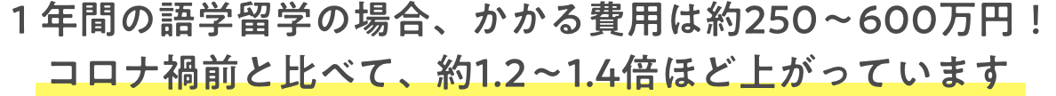 １年間の語学留学の場合、かかる費用は約250〜600万円！ コロナ禍前と比べて、約1.2〜1.4倍ほど上がっています